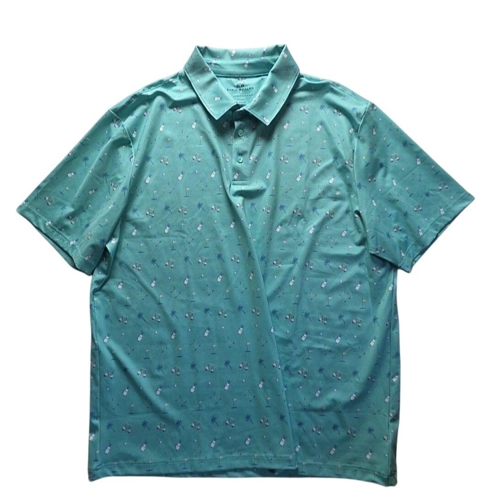 Rorie Whelan Mens XXL Teal Golf Polo Shirt Novelty Print Performance UPF 50 NWT